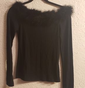 Forever21 black top stretch rel feathers collar S